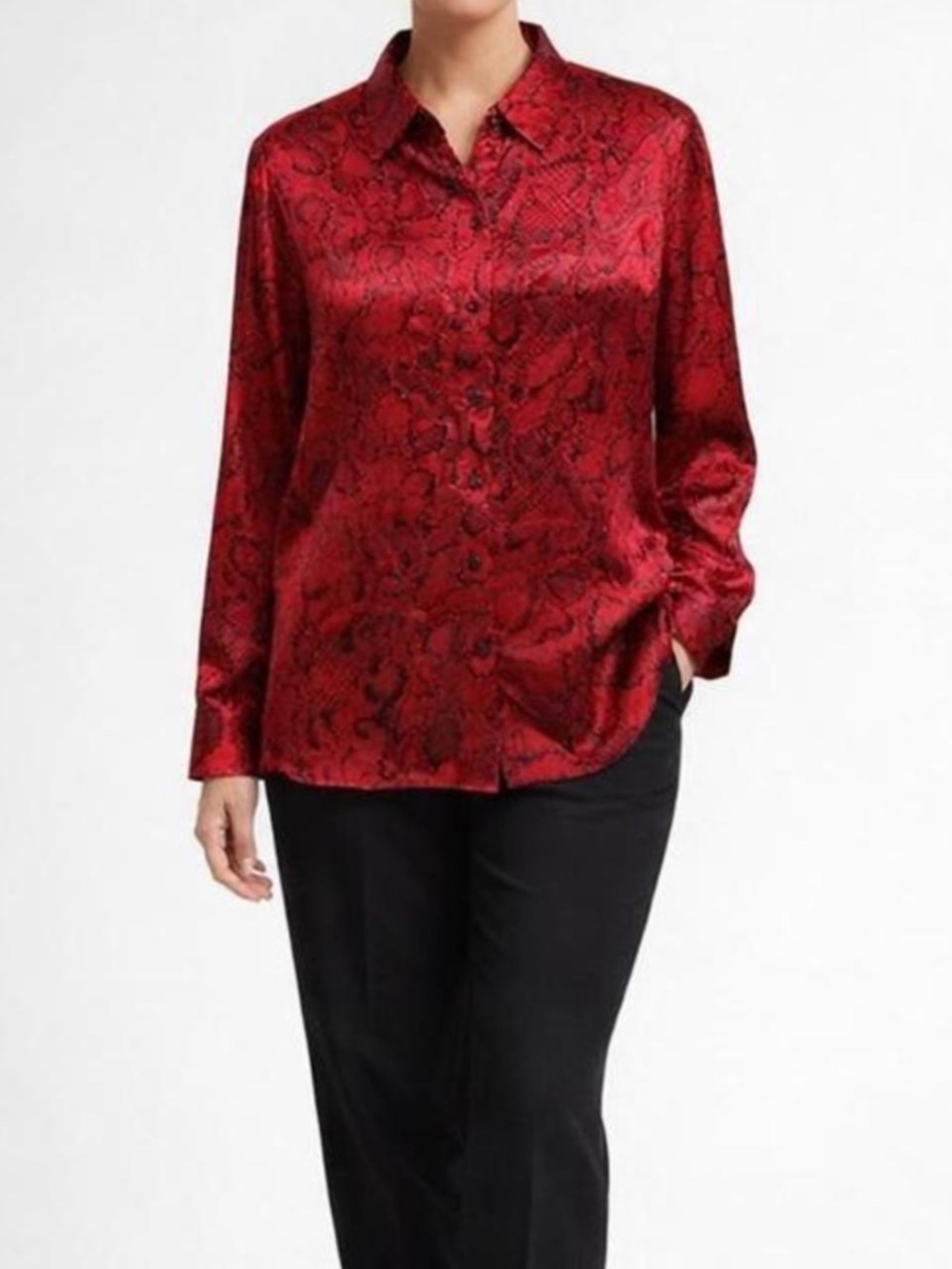 Vintage Red Satin Snake Print Blouse Button-Up Dressy Blouse Size Large